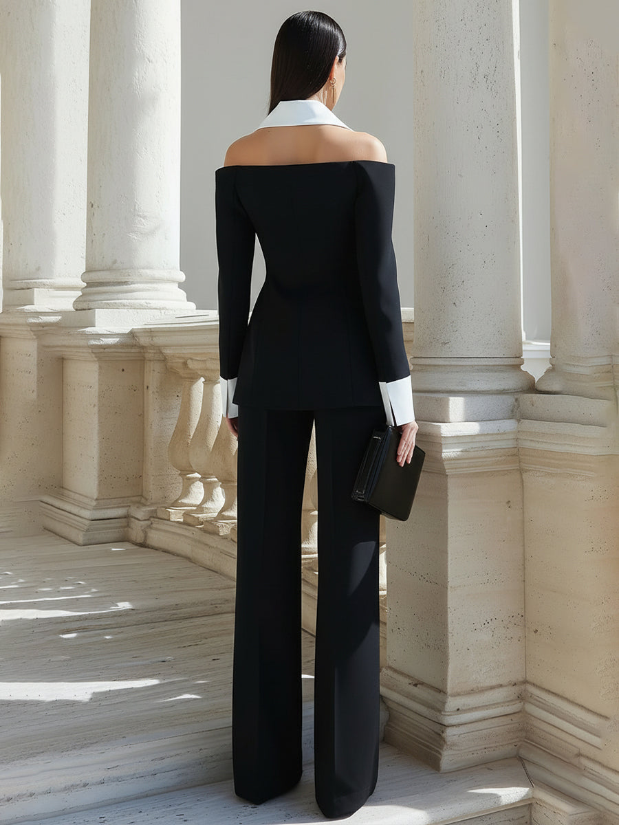 Off-Shoulder Contrast-Collar Tailored Blazer And Straight-Leg Trousers Set