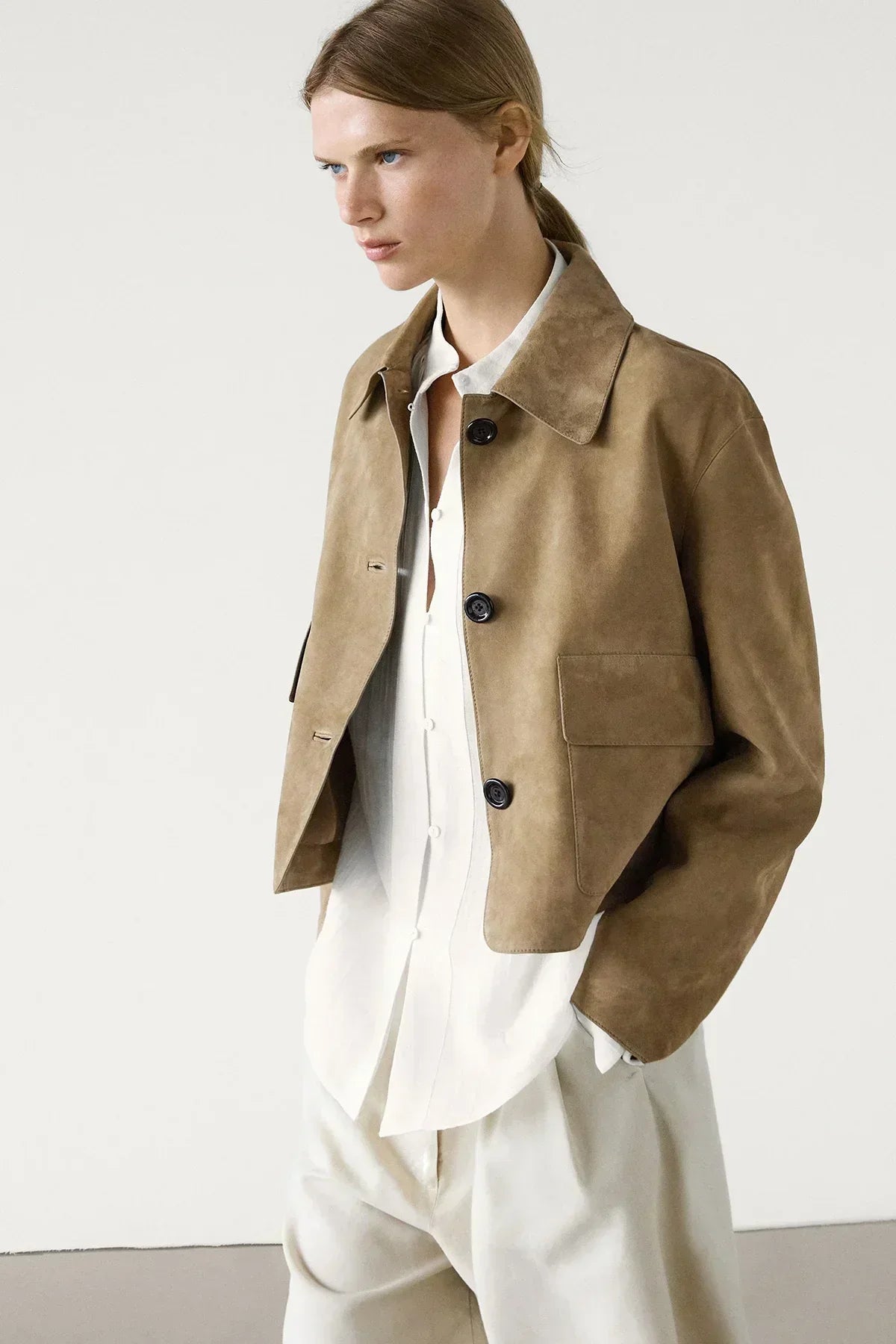 Laurel Women's Jacket – Short in Elegant Beige Suede, Minimalist & Urban Style