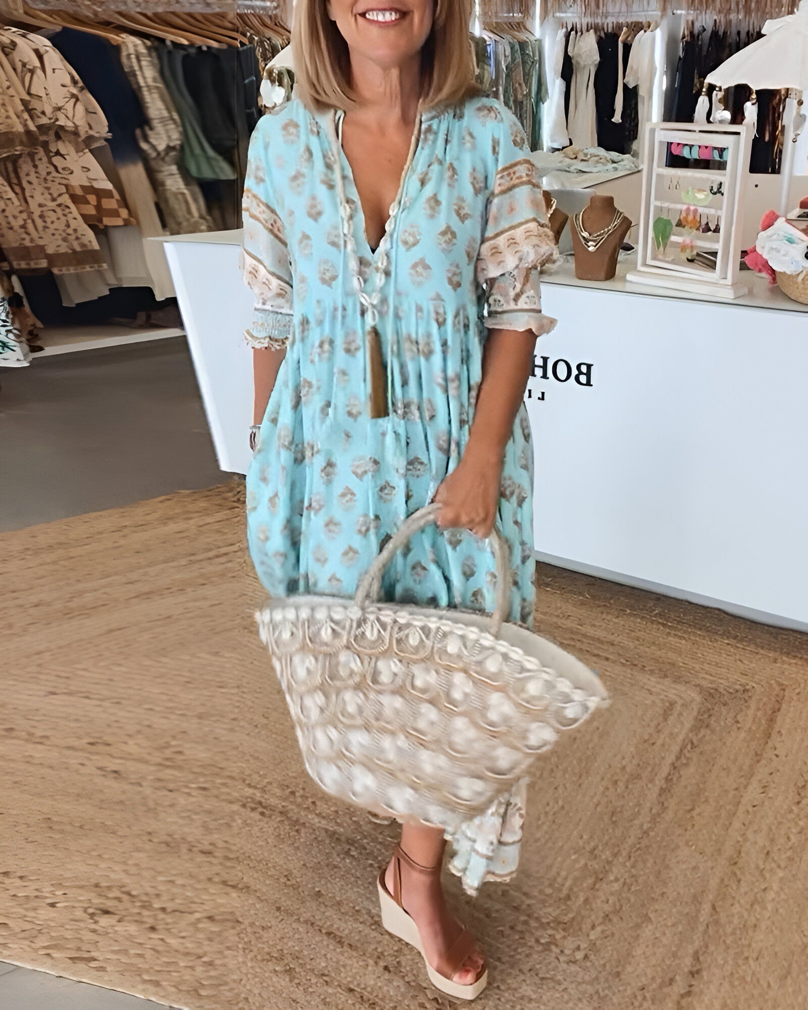 Women's V-Neck Boho Floral Maxi Dress - Flowy Summer Beach Style