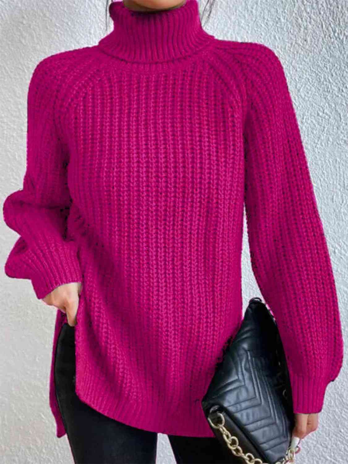 Angela Pull Woman – Ribbed Turtleneck Sweater with Chic Side Slit for Elegant Autumn/Winter