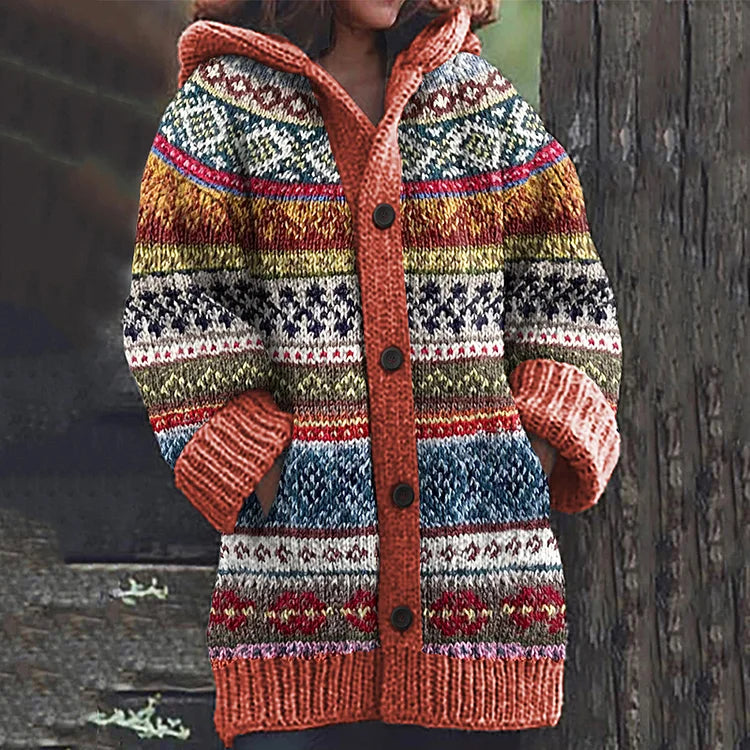 Azlea Women's Hooded Vest – Multicolored Geometric Pattern & Front Buttons