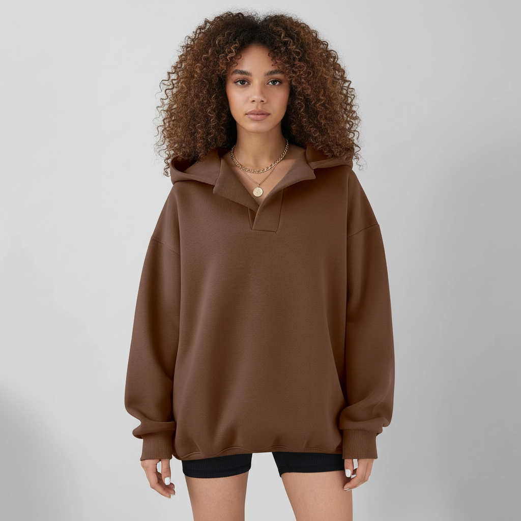 Gianna Women's Oversize V-Neck Hoodie – Modern Comfortable Fleece Sweatshirt
