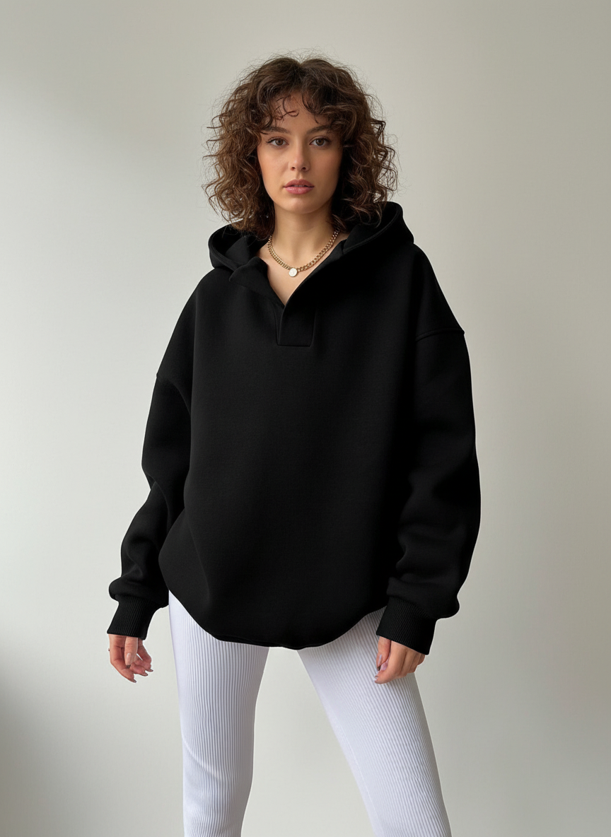 Gianna Women's Oversize V-Neck Hoodie – Modern Comfortable Fleece Sweatshirt
