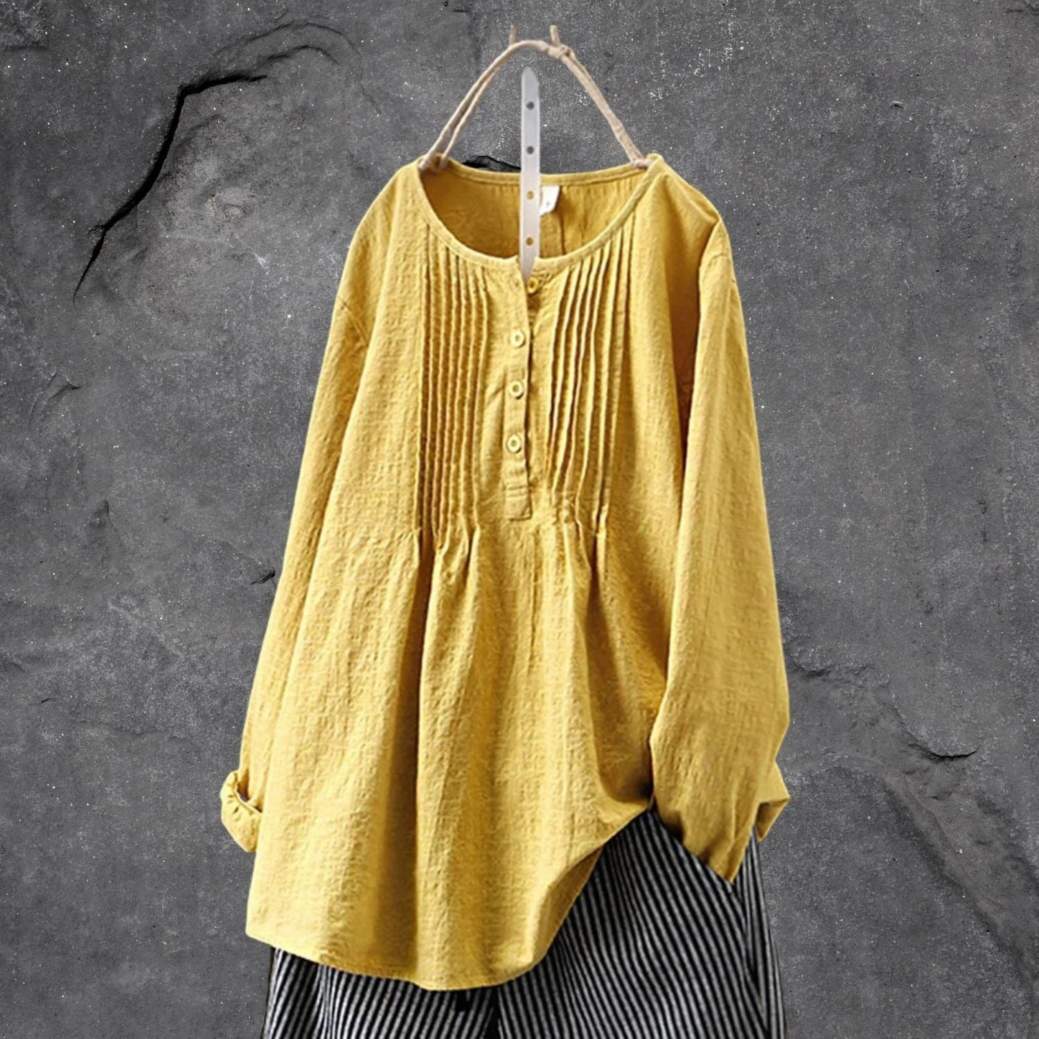 Allen Blouse Femme – Lightweight Blouse with Long or 3/4 Sleeves, Front Buttons & Structured Pleats Summer