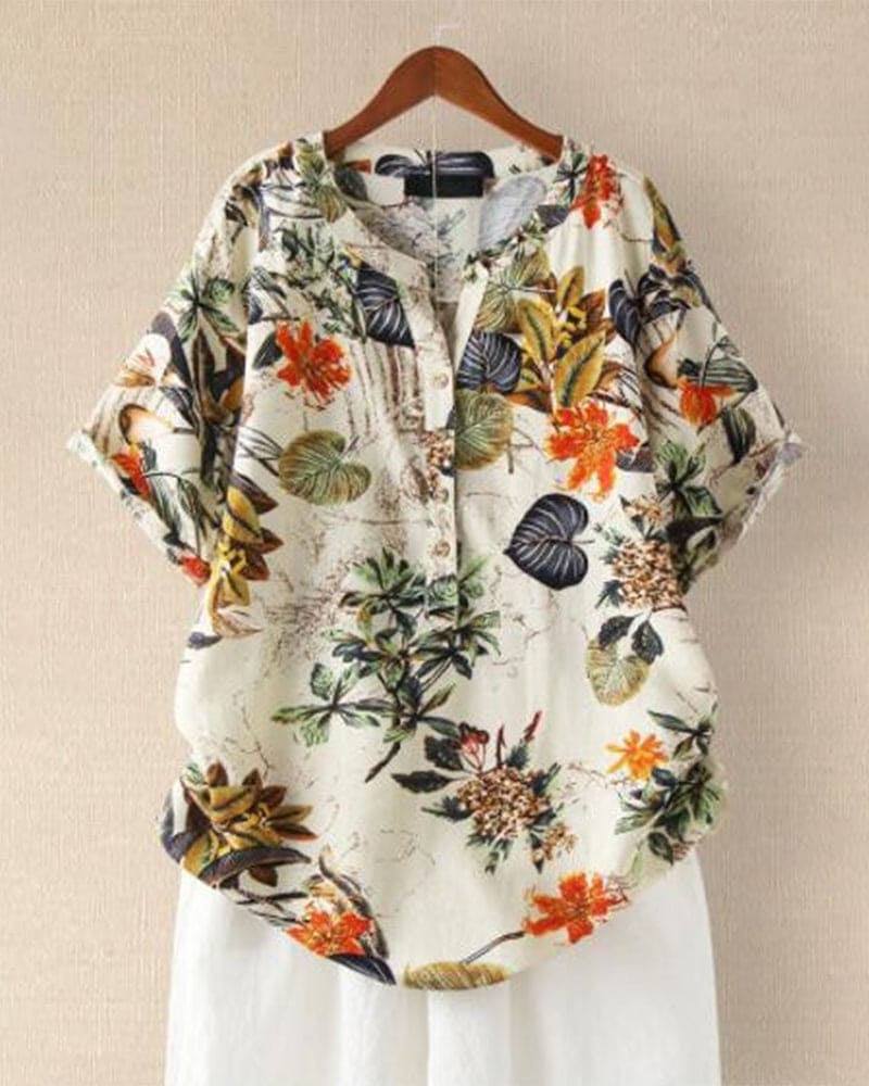 T-Shirt Woman Elisse – Casual T-Shirt with Floral Print, Cotton-Linen Mix & Knotted Detail