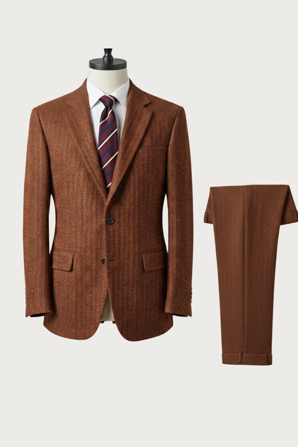 Men’s Burnt Rust Three-Piece Tweed Suit – Tailored Herringbone Blazer, Waistcoat and Trousers