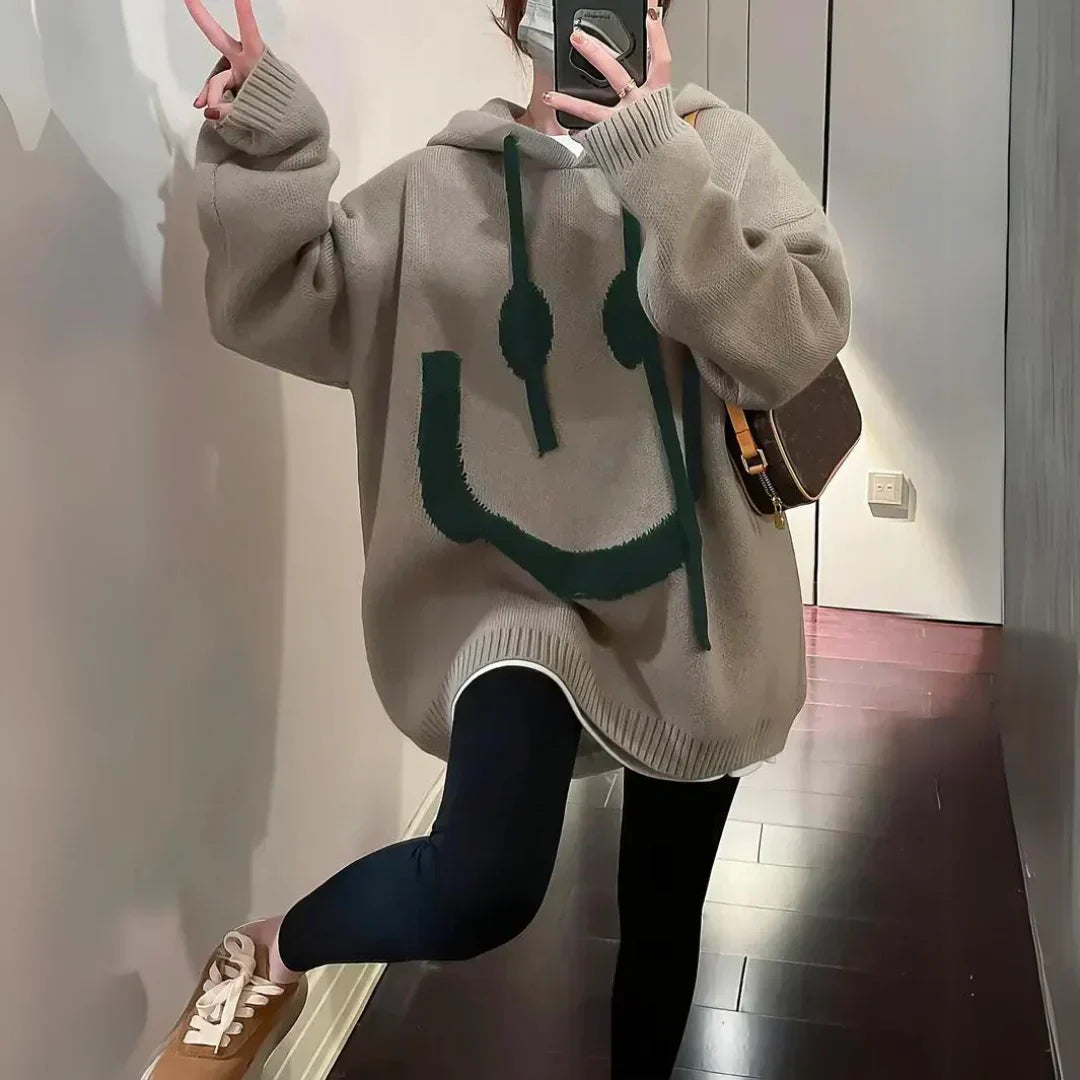 Ailany Oversize Hoodie Sweatshirt Women – Soft Knit Sweater with Playful Smiley Print & Relaxed Fit