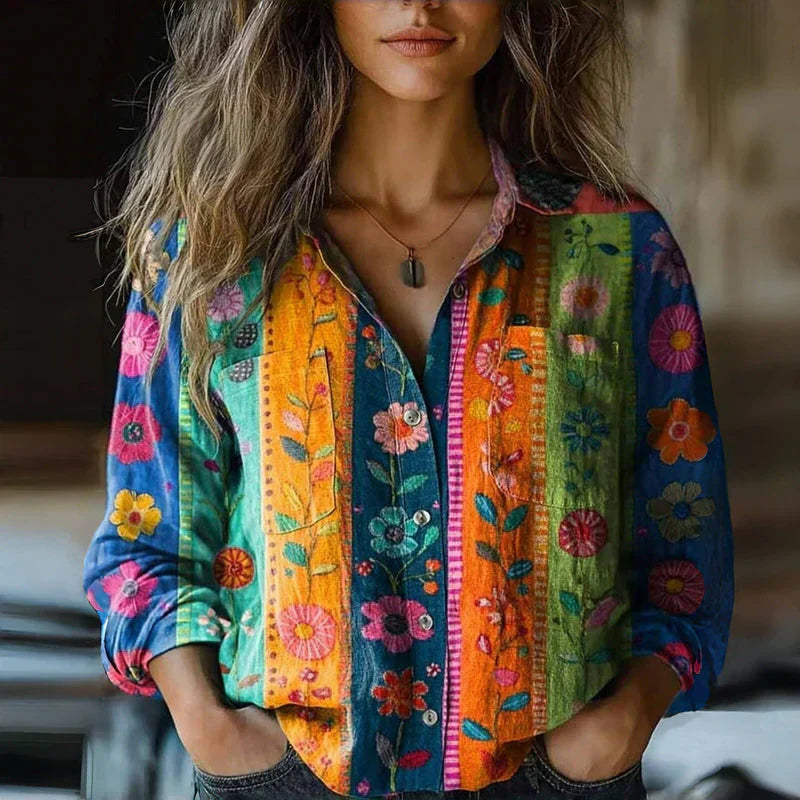 Mira Blouse Vintage Woman – Airy Blouse with Ethnic Print, Notched Collar & Long Sleeves