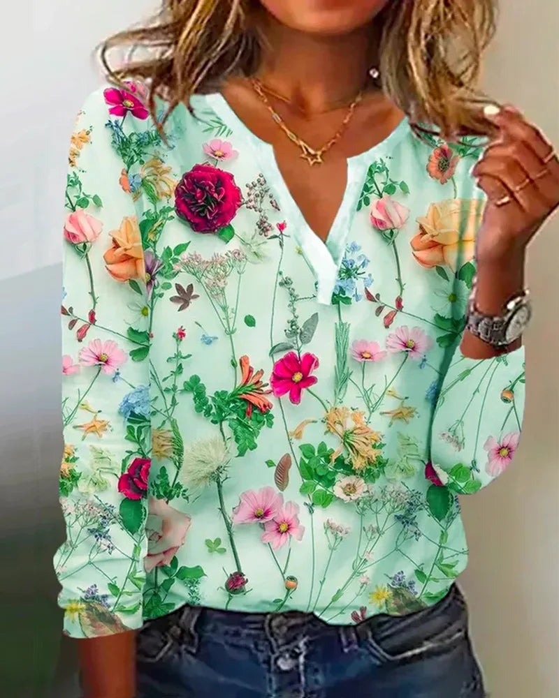Clea Blouse Woman – Light Boho Top with V-Neckline, Long Sleeves & Floral Print