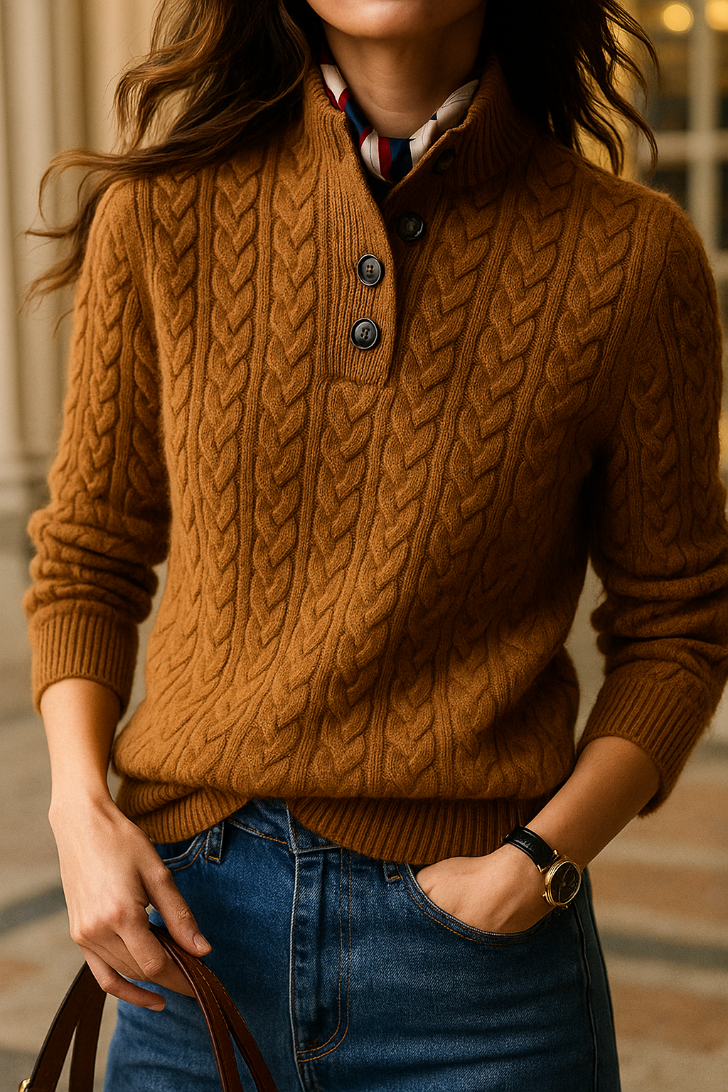 Sharmaine Women's Buttoned Sweater – Soft Cable Knit Sweater with Elegant Collar