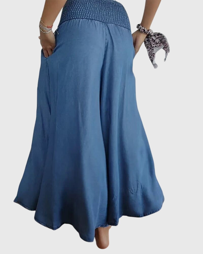 Denim Boho Comfortable Pants with Elastic Waistband – Waist-Defining Fit & All-Day Comfort