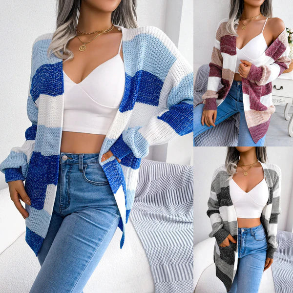Alianna Cardigan Femme – Elegant Plaid Cardigan with Chic Lantern Sleeves