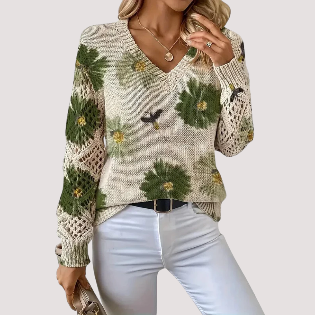 Nancy Women's Lightweight Knit Sweater – Breathable Mesh with Floral Pattern & Elegant V-Neck