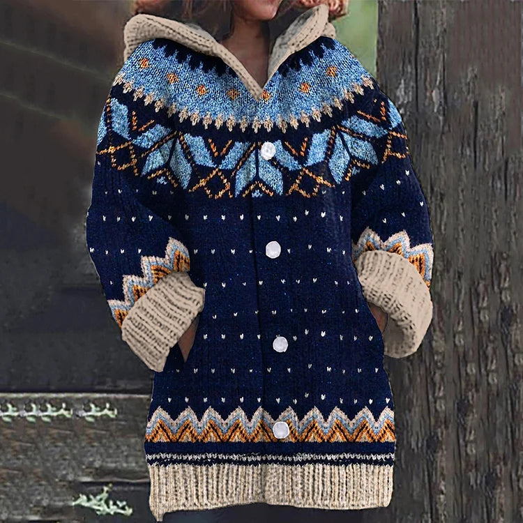 Azlea Women's Hooded Vest – Multicolored Geometric Pattern & Front Buttons