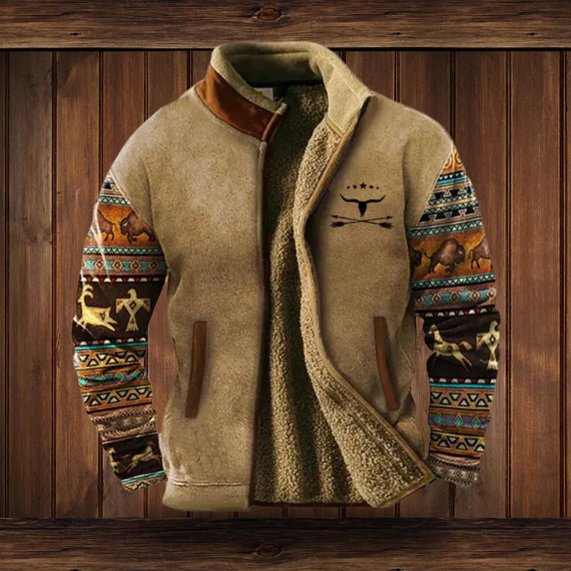 Noah Warm Jacket Western Style – Fleece Lining & Ethnic Patterns for Winter Comfort