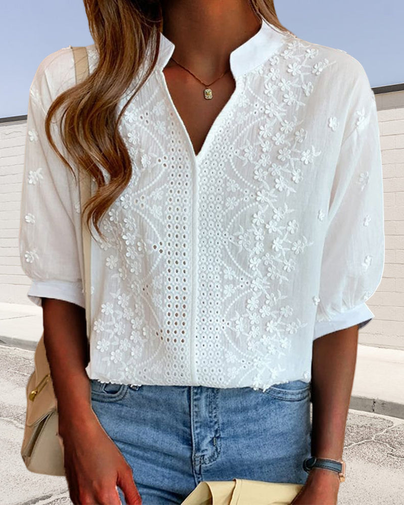 Blouse Femme Amélie – Top with V-Neck and Puff Sleeves, Cotton Blend & Patchwork Details
