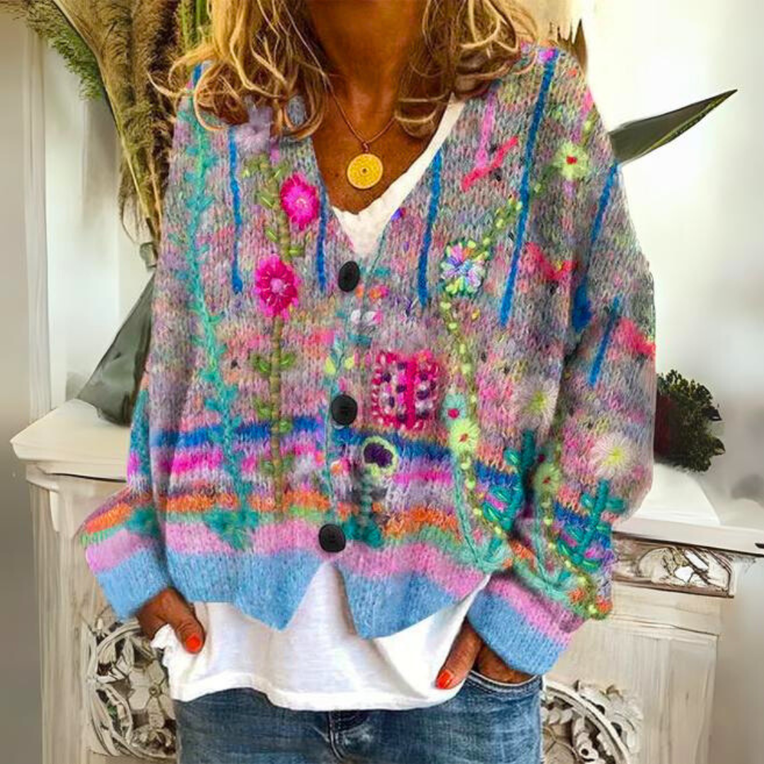 Elisa Cardigan Bohème – Multicolor Cardigan with Floral Embroidery and Loose Fit
