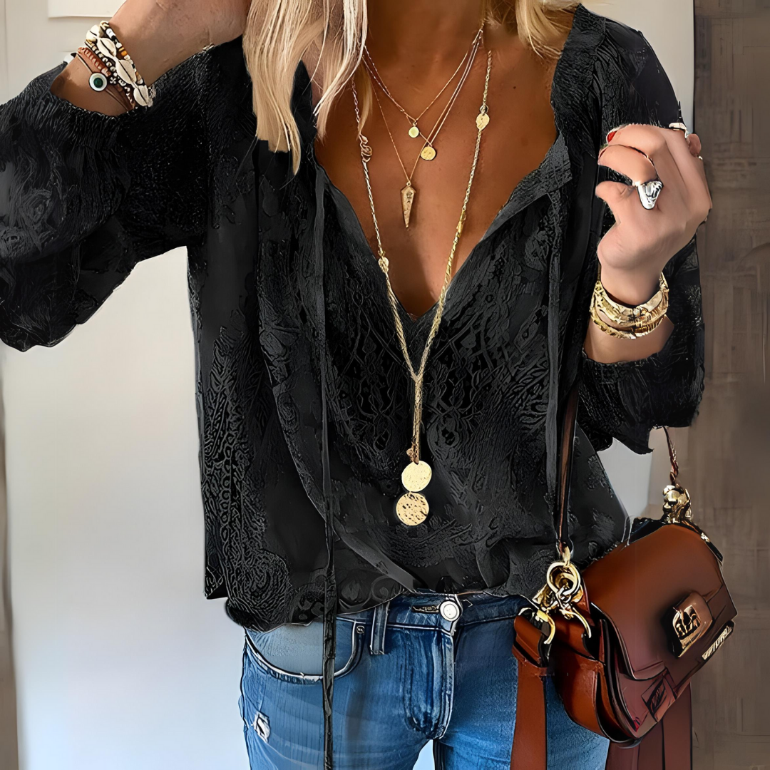 Vivien Blouse Woman – Elegant Lace Blouse with Bow & Transparent Details