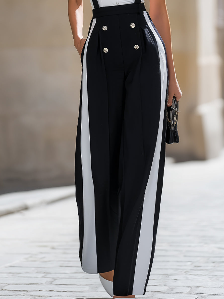 Black & White Contrast Sleeveless Blouse And Wide-Leg Pants Set