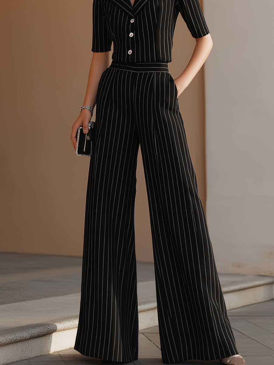 Pinstripe Tailored Button-Front Top & Wide-Leg Trouser Set
