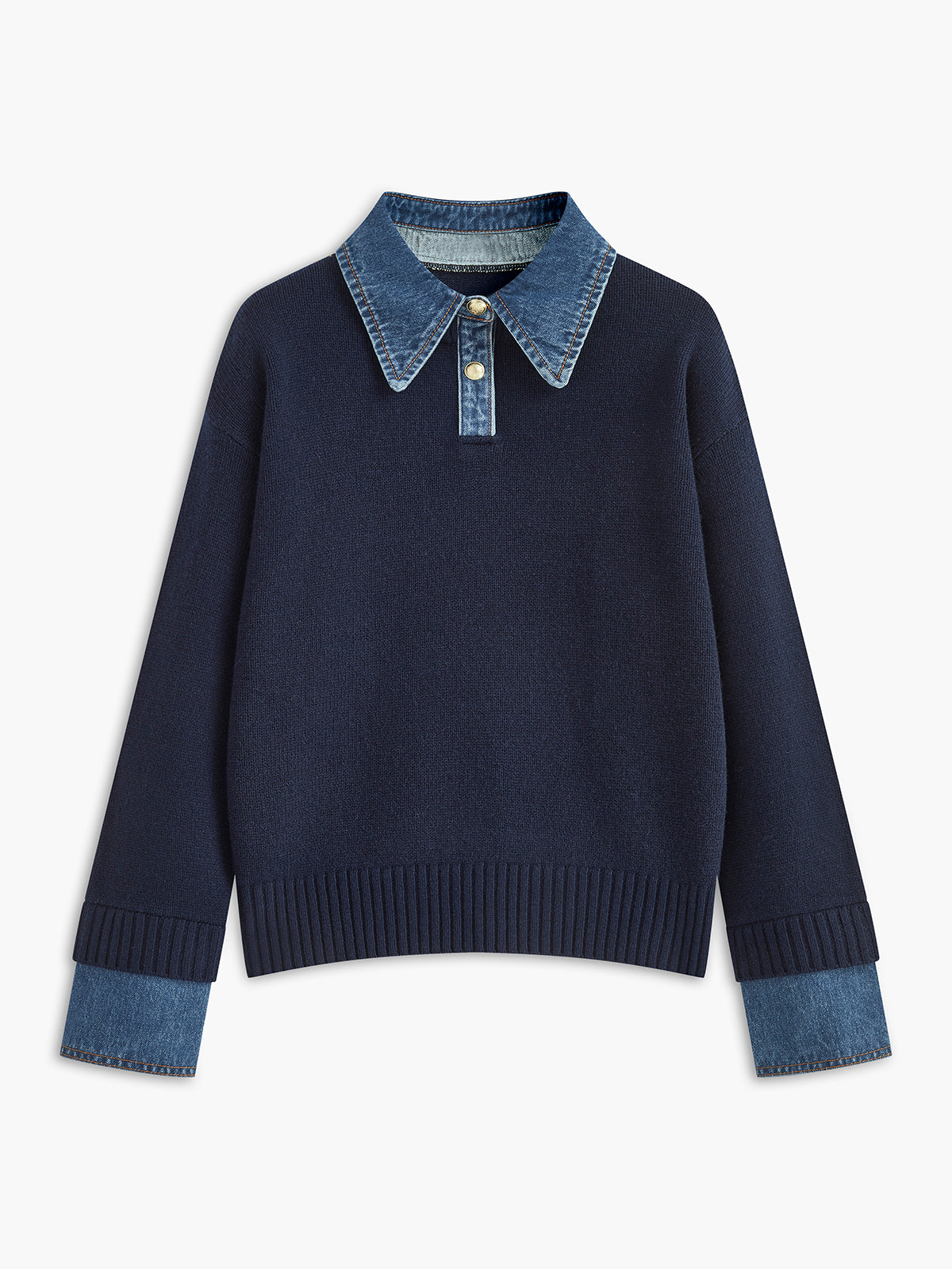 Giana Elegant Women's Sweater – Soft Knit with Denim Effect Collar & Cuffs
