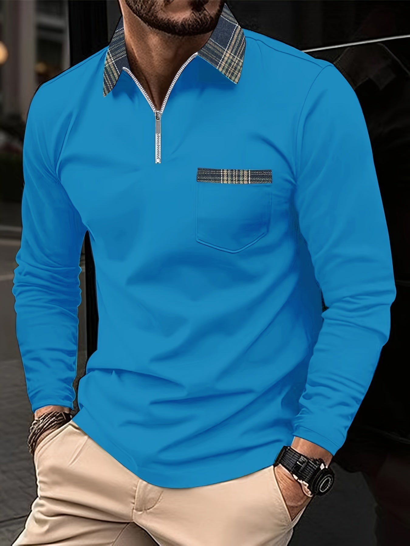 Frank Polo Long Sleeves – Zip Collar & Checkered Pattern, Elegance and Comfort Men