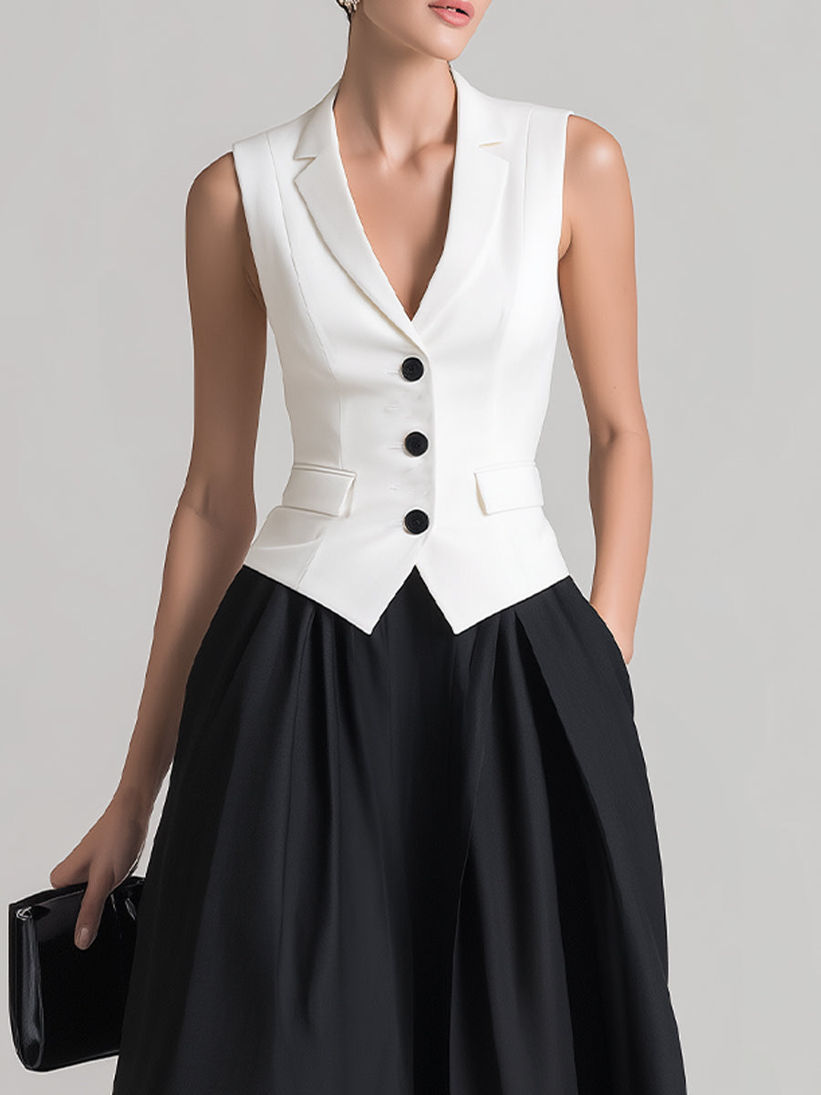 Black & White Contrast Vest Midi Skirt Set