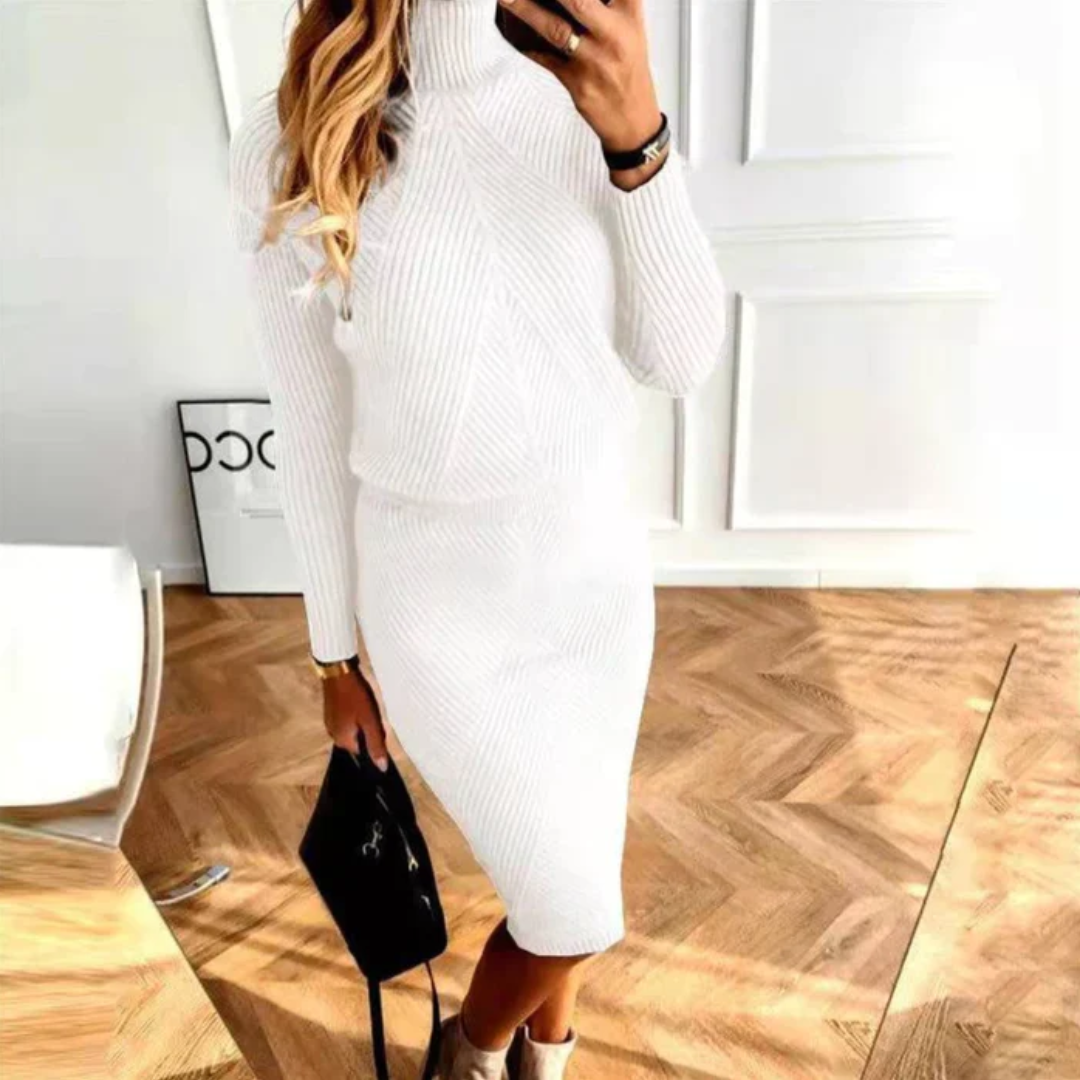 Women's Knitted Jumper Dress - Roll neck with Chevron Pattern