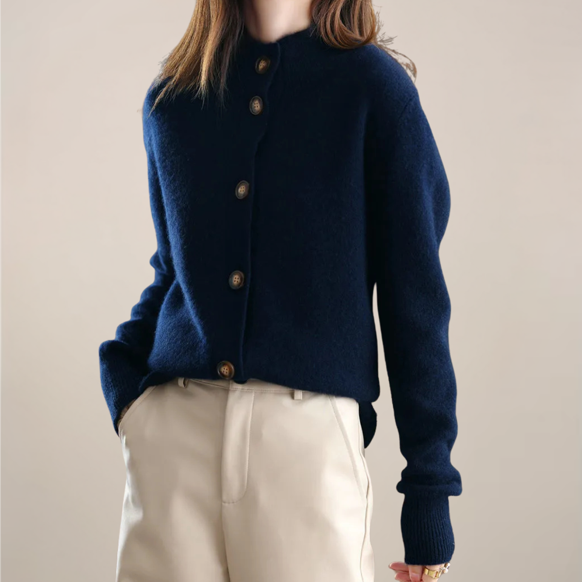 Women’s Cream Cardigan Sweater – Button Front, Soft Collar