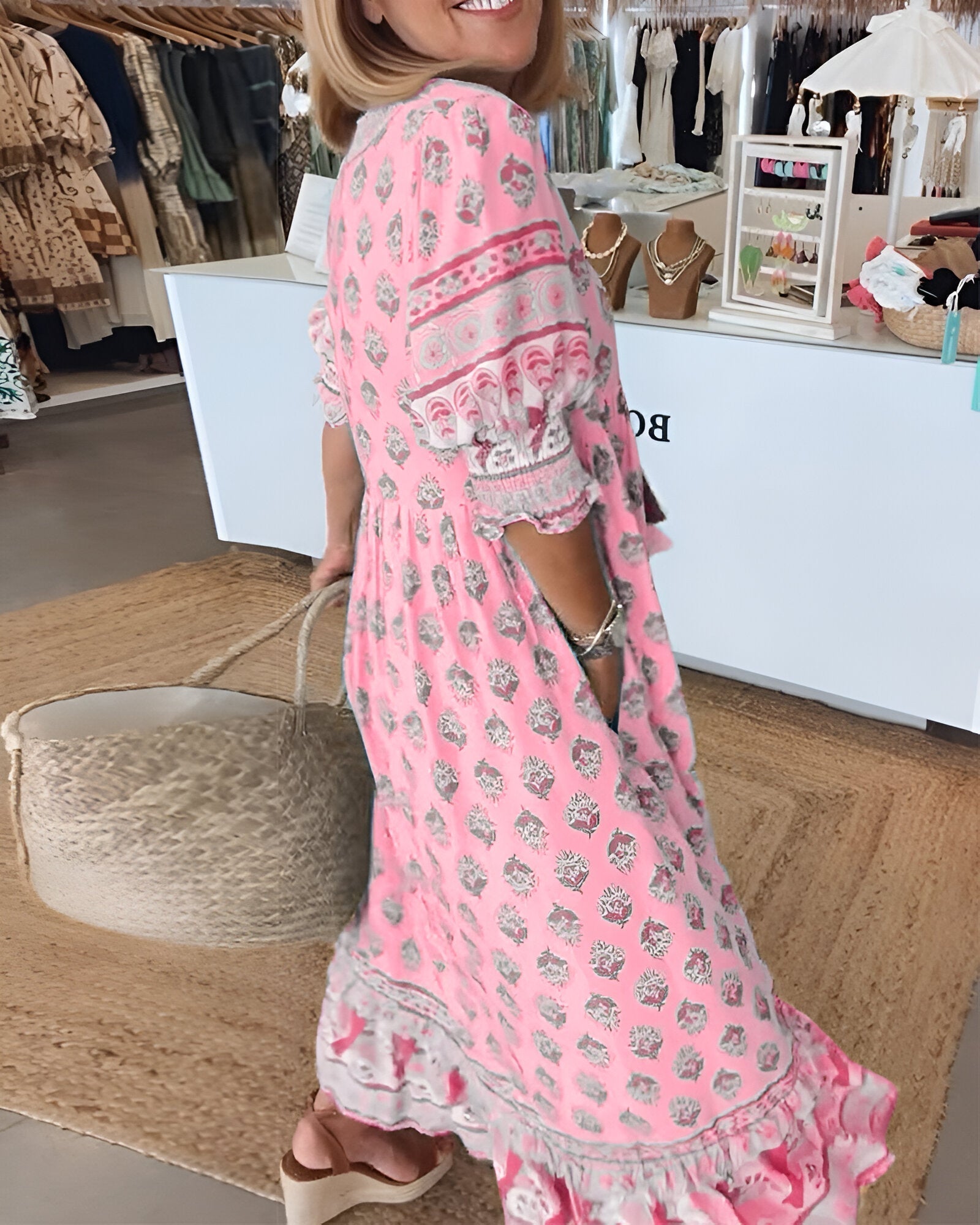 Women's V-Neck Boho Floral Maxi Dress - Flowy Summer Beach Style