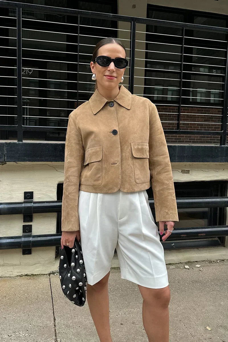 Laurel Women's Jacket – Short in Elegant Beige Suede, Minimalist & Urban Style