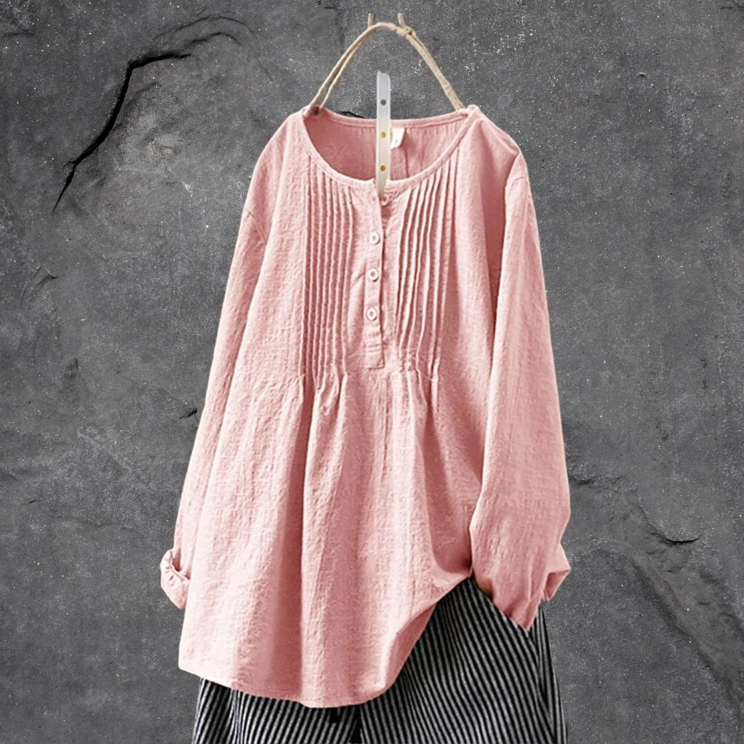 Allen Blouse Femme – Lightweight Blouse with Long or 3/4 Sleeves, Front Buttons & Structured Pleats Summer
