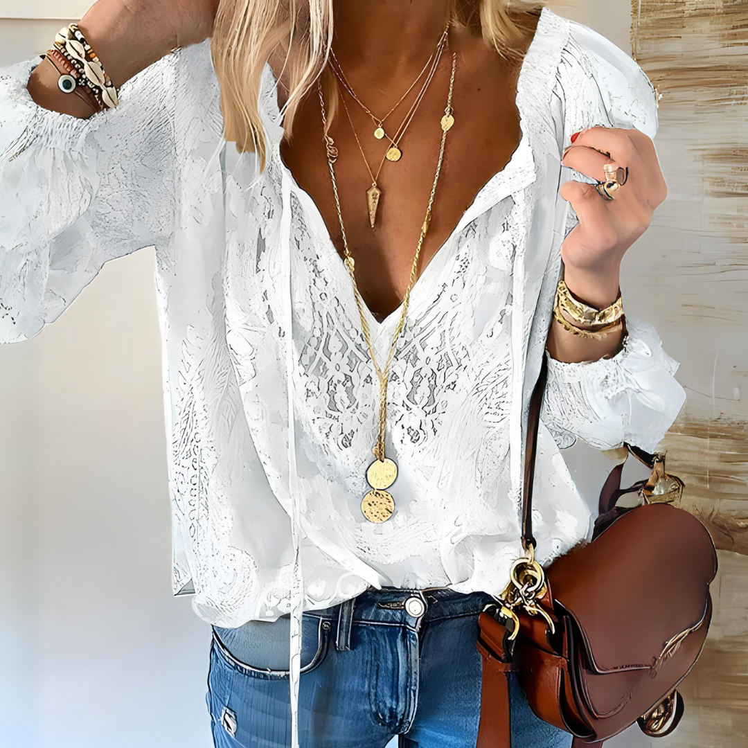 Vivien Blouse Woman – Elegant Lace Blouse with Bow & Transparent Details