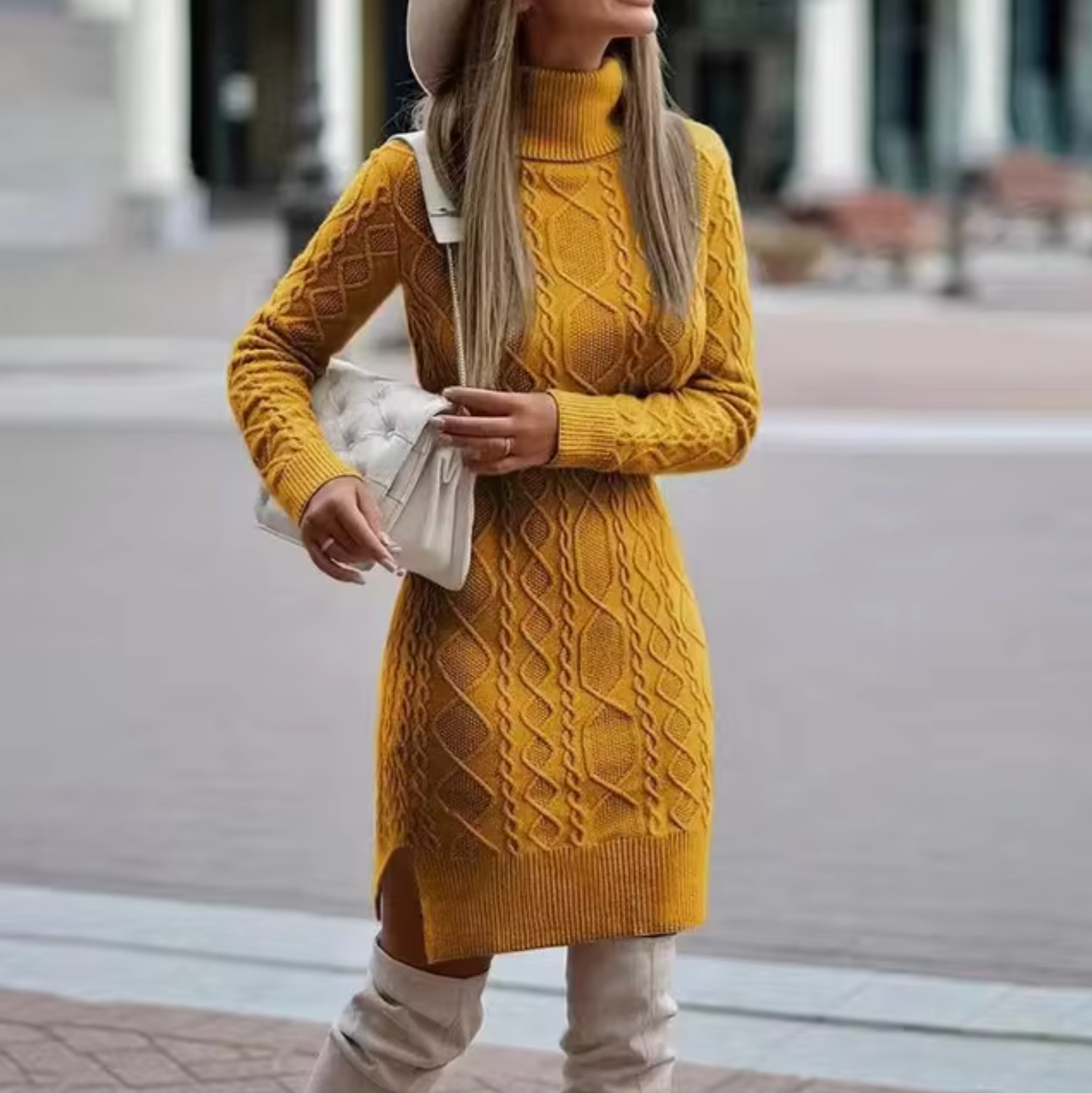 Women's Knitted Jumper Dress - Roll neck with Cable Knit Pattern