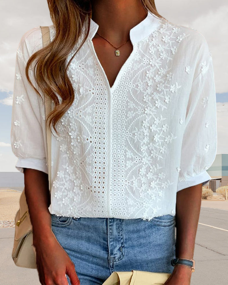 Blouse Femme Amélie – Top with V-Neck and Puff Sleeves, Cotton Blend & Patchwork Details