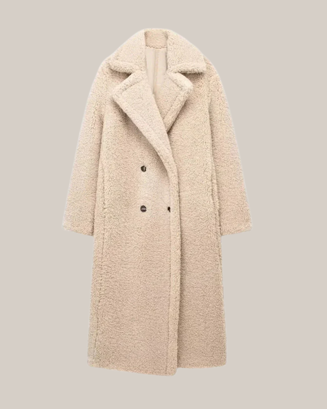 Women’s Long Teddy Coat – Double-Breasted Winter Outerwear with Lapel Collar