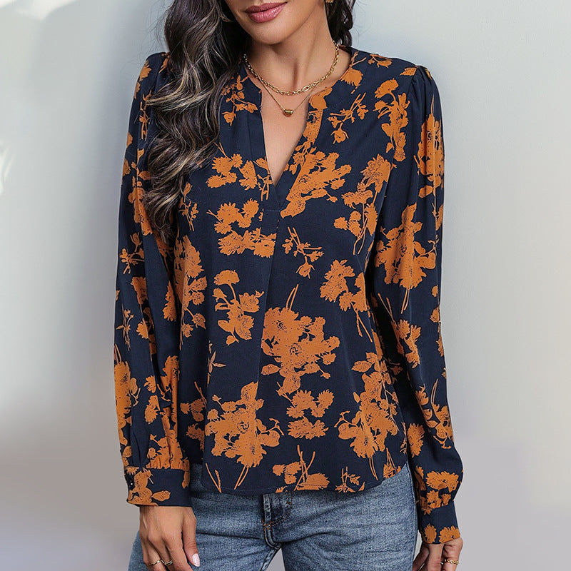 Sadie Blouse Femme – Lightweight Top with V-Neck, Printed & Long Sleeves for an Autumn Style