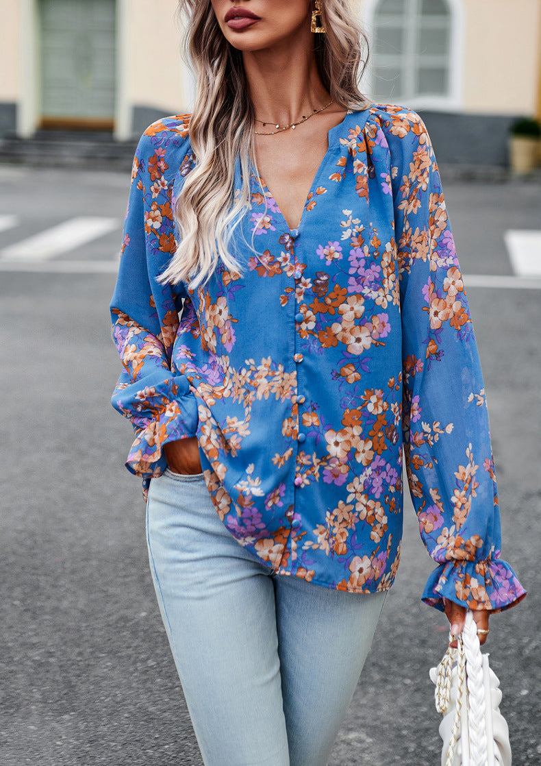 Aaliyah Blouse Femme – Lightweight Floral Top with Long Sleeves & V-Neck for Elegant Style