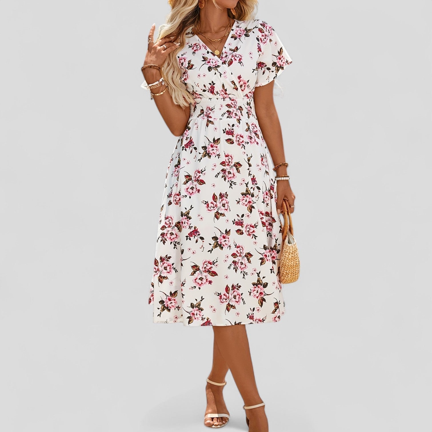 V-Neck Short Sleeve Midi Dress – Flattering Silhouette & All-Day Comfort