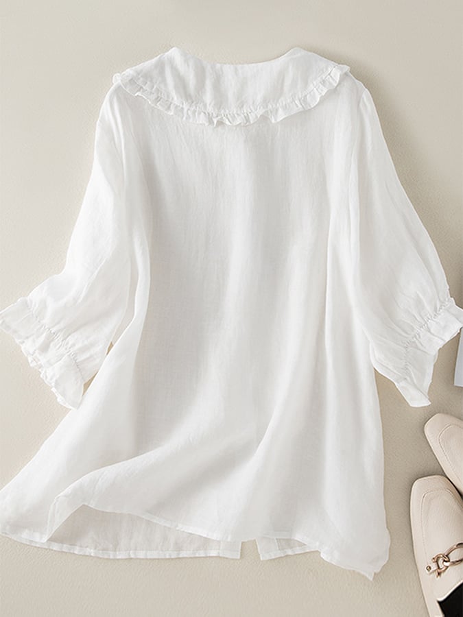 Jillian Blouse Woman – Loose Cotton-Linen Shirt with Chic Peter Pan Collar and Ruffles