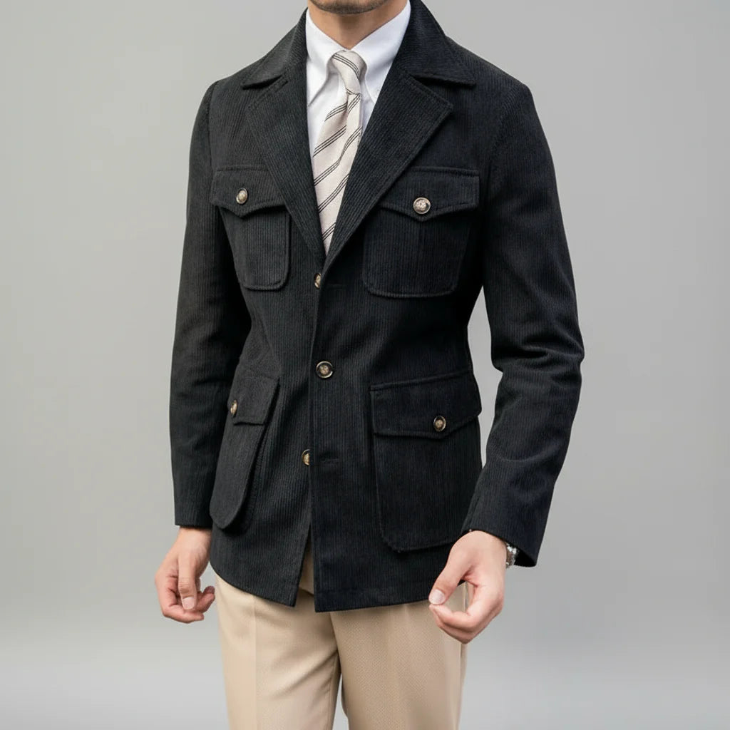 Men’s Tailored Blazer – Herringbone with Gold-Tone Buttons