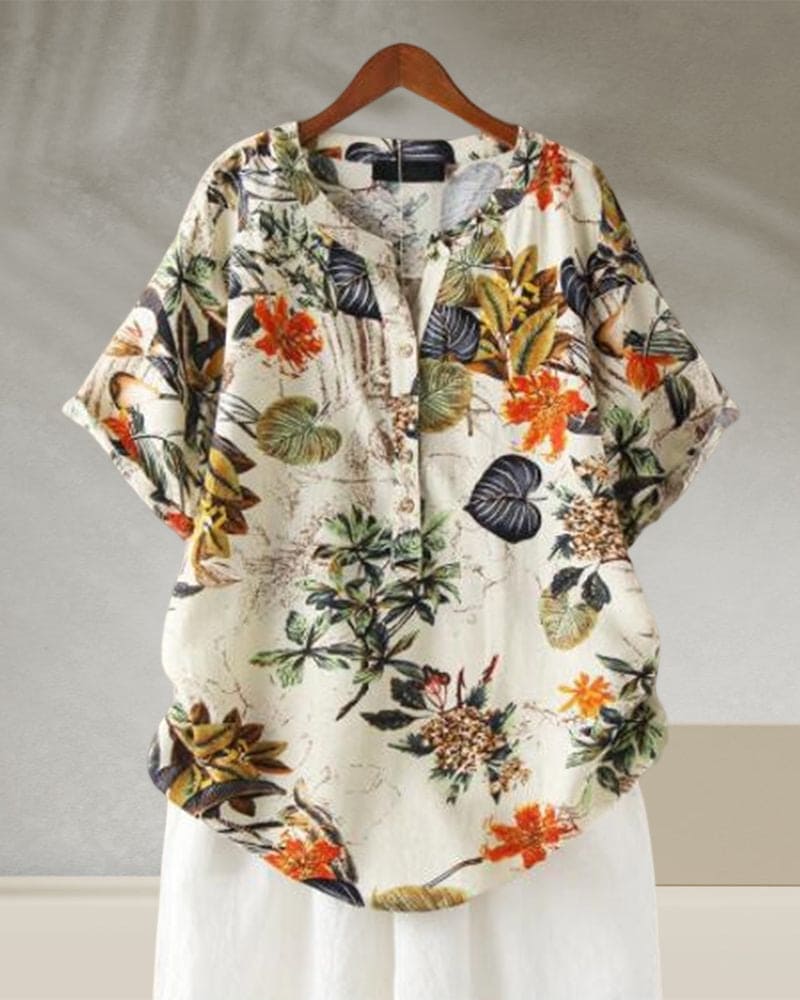 T-Shirt Woman Elisse – Casual T-Shirt with Floral Print, Cotton-Linen Mix & Knotted Detail