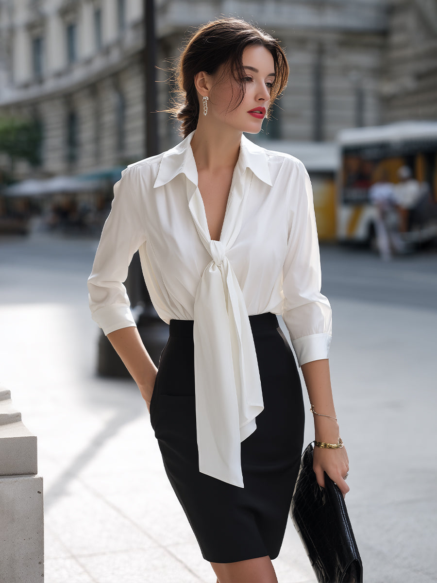 Tie-Neck Blouse And High-Waisted Pencil Skirt Tailored Set