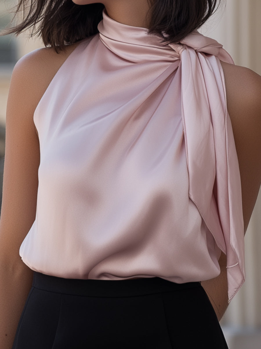 Sleeveless Satin Top & Tailored Mini Skirt Two-Piece Set