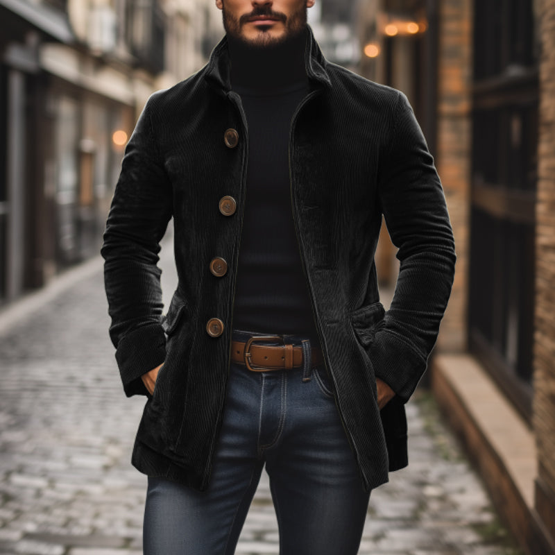 Emerson Men's Corduroy Velvet Coat – Slim Fit with Stand-up Collar & Elegant Side Pockets