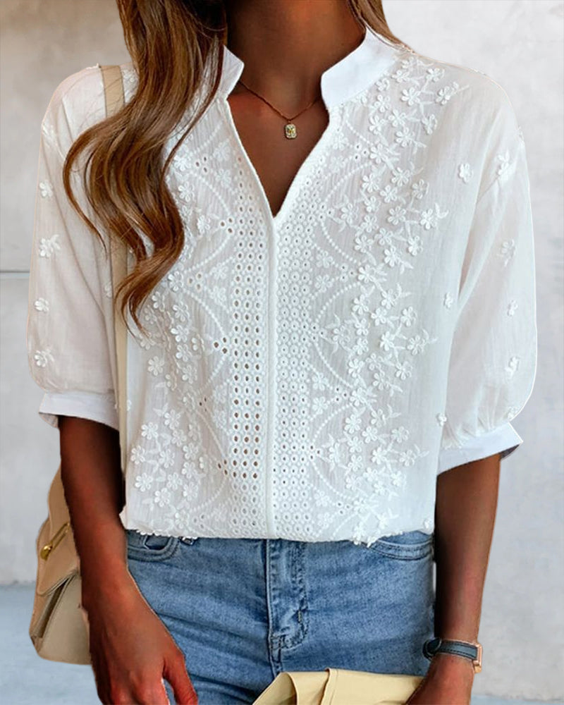 Blouse Femme Amélie – Top with V-Neck and Puff Sleeves, Cotton Blend & Patchwork Details