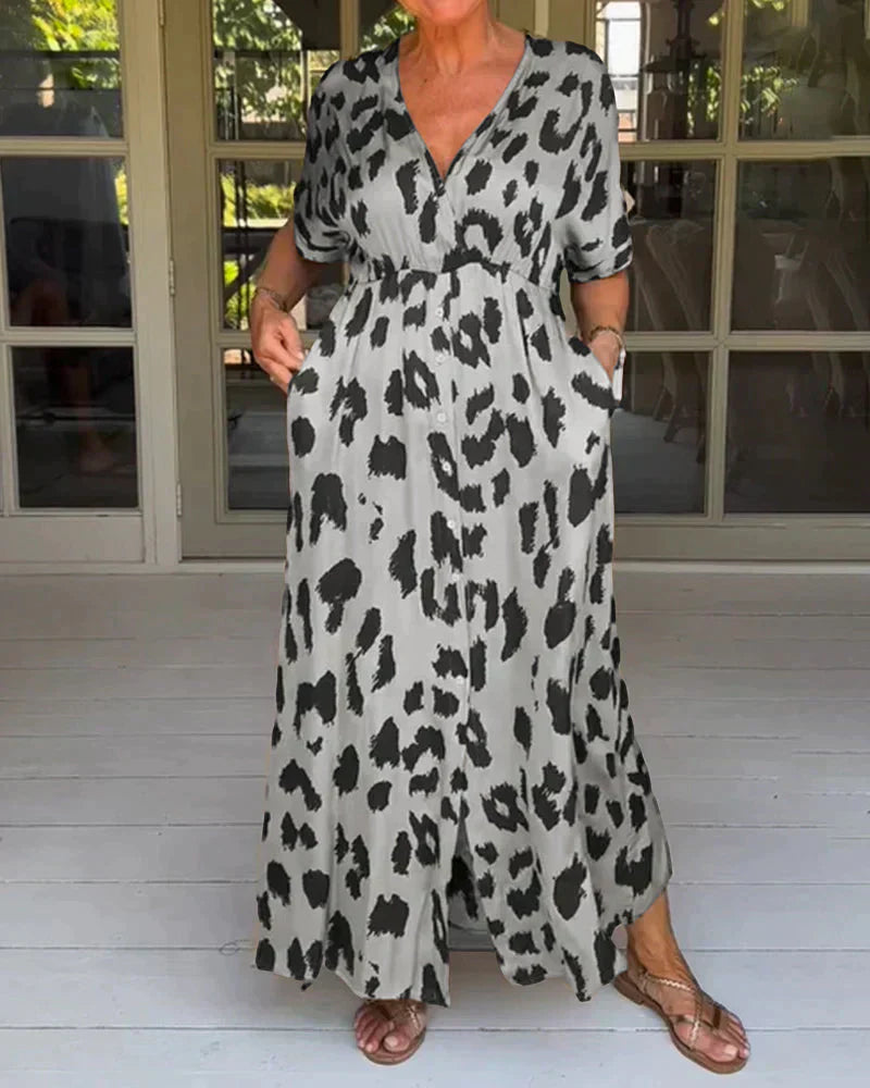 Women's Stylish Leopard Print Dress - Button Front V-Neck