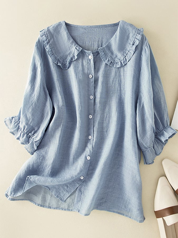 Jillian Blouse Woman – Loose Cotton-Linen Shirt with Chic Peter Pan Collar and Ruffles