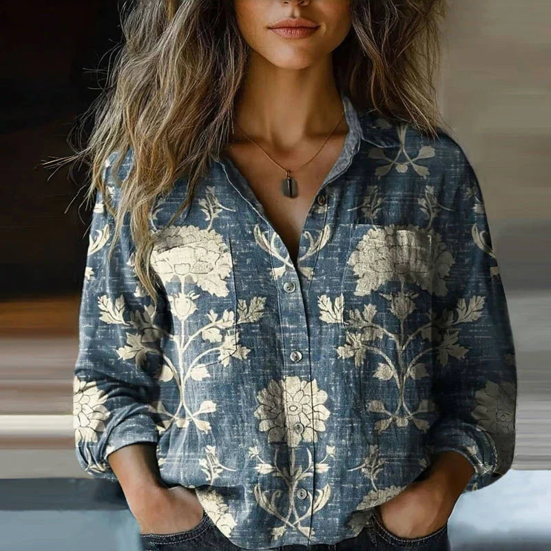 Mira Blouse Vintage Woman – Airy Blouse with Ethnic Print, Notched Collar & Long Sleeves