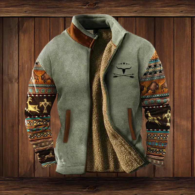 Noah Warm Jacket Western Style – Fleece Lining & Ethnic Patterns for Winter Comfort